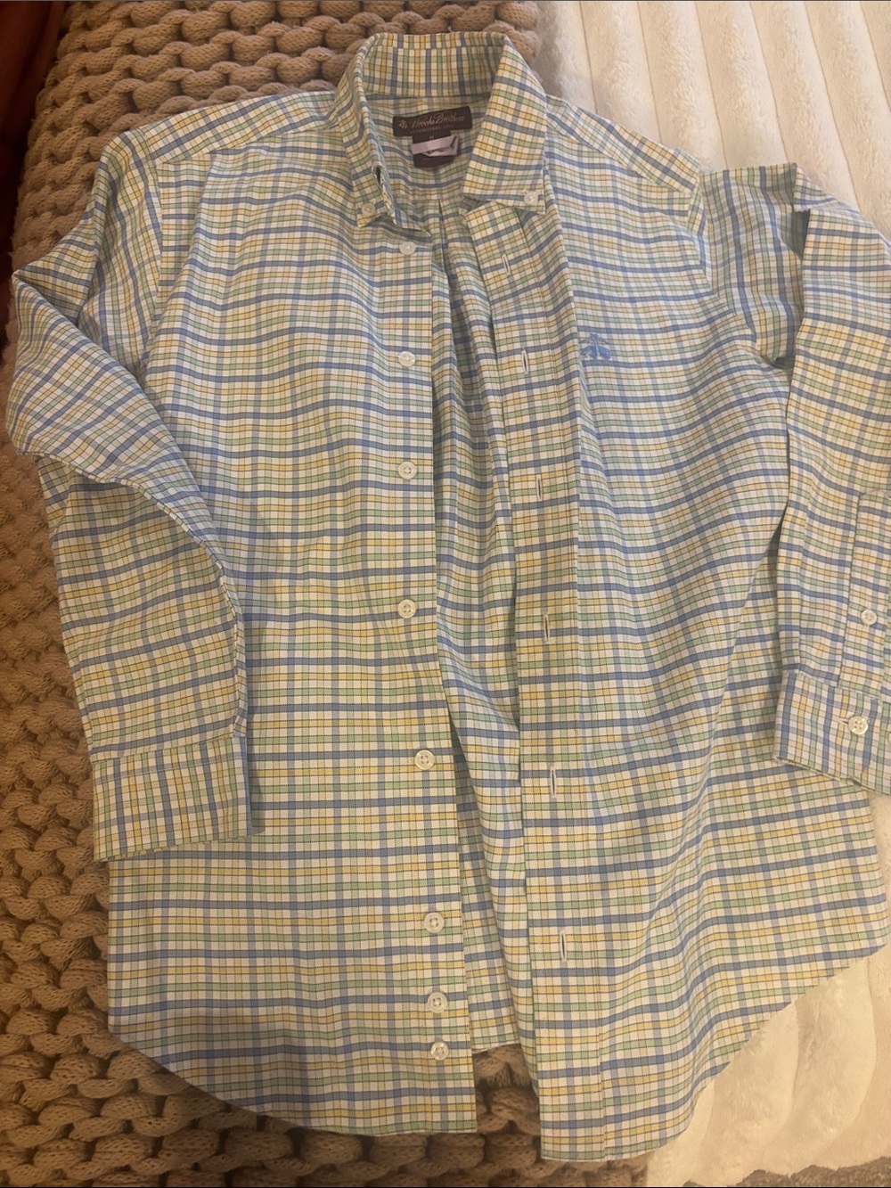 Brooks Brothers Light Blue, Yellow & White Plaid Button-Down Shirt Boys M